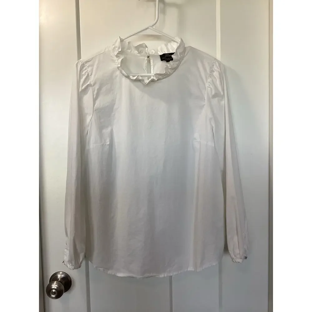 J. Crew White Ruffle Neck Long Sleeve‎ Top Size Medium blouse